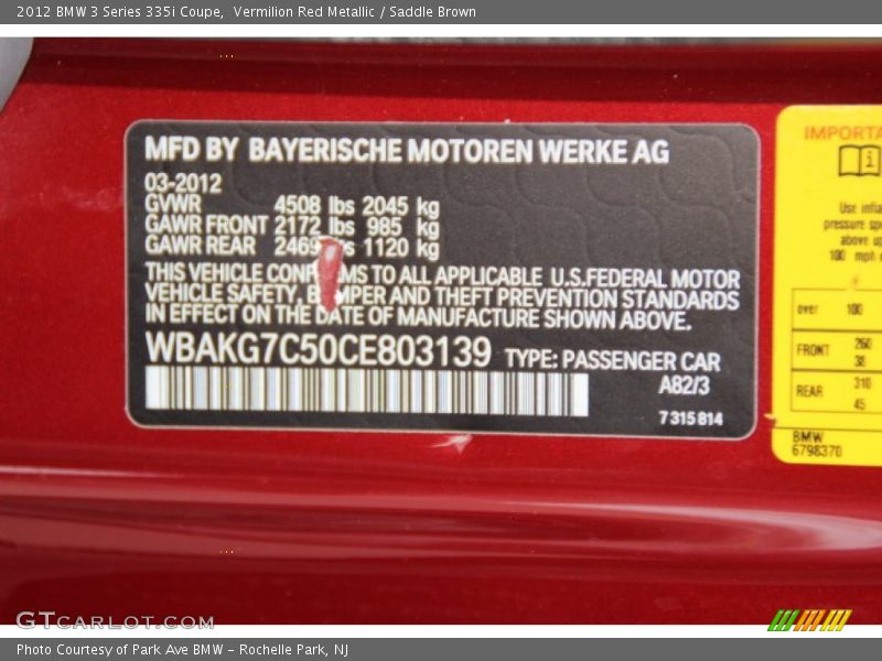 2012 3 Series 335i Coupe Vermilion Red Metallic Color Code A82