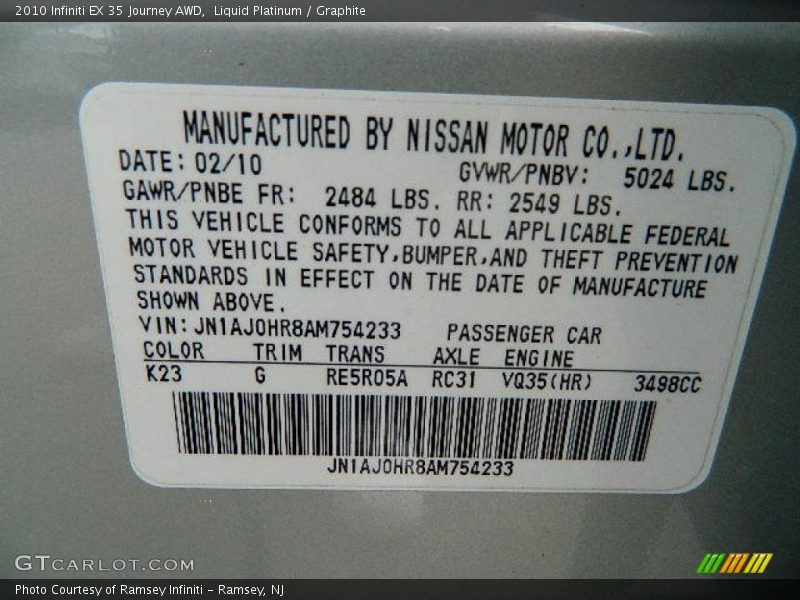 Liquid Platinum / Graphite 2010 Infiniti EX 35 Journey AWD