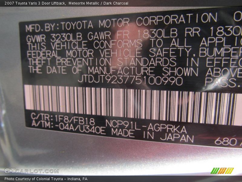 Meteorite Metallic / Dark Charcoal 2007 Toyota Yaris 3 Door Liftback