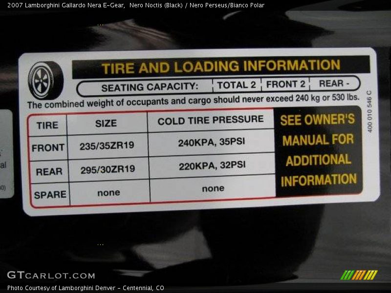 Info Tag of 2007 Gallardo Nera E-Gear