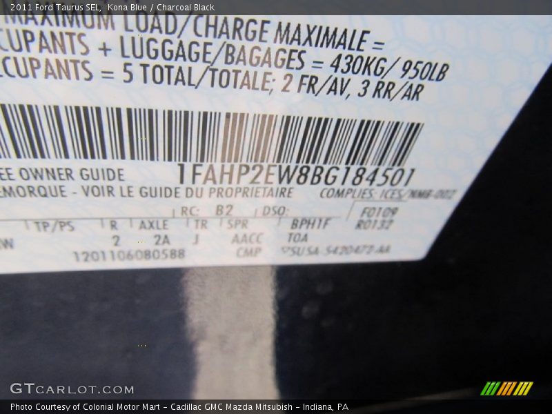 Kona Blue / Charcoal Black 2011 Ford Taurus SEL