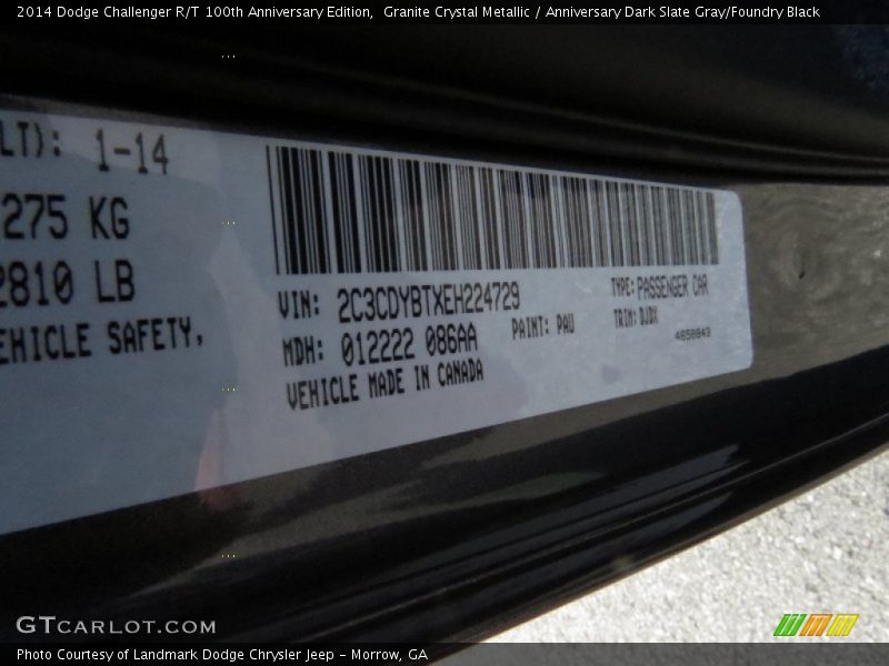 2014 Challenger R/T 100th Anniversary Edition Granite Crystal Metallic Color Code PAU