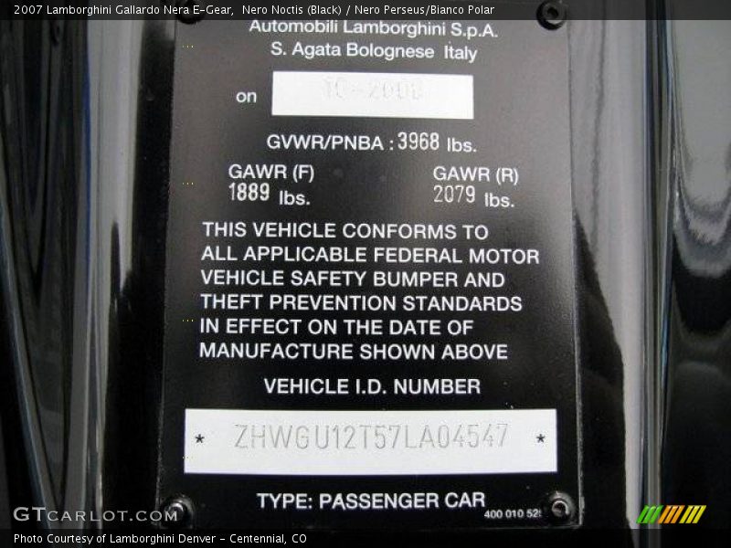 Info Tag of 2007 Gallardo Nera E-Gear