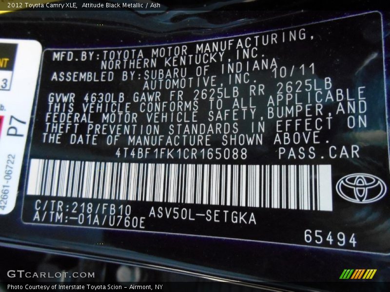 Attitude Black Metallic / Ash 2012 Toyota Camry XLE