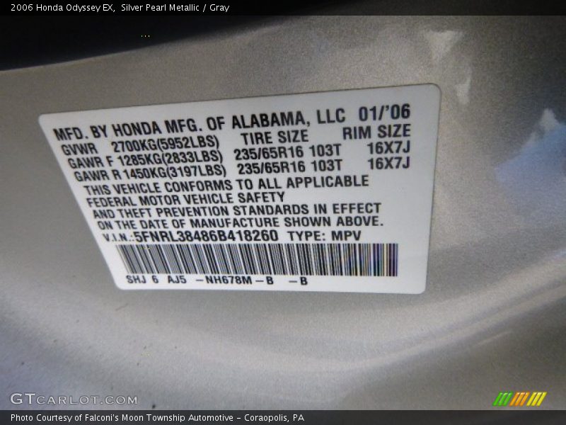 Silver Pearl Metallic / Gray 2006 Honda Odyssey EX