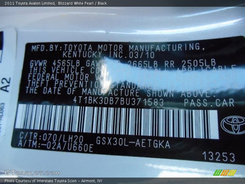 Blizzard White Pearl / Black 2011 Toyota Avalon Limited