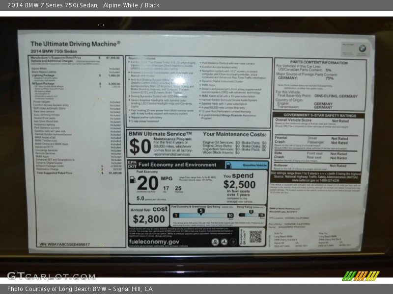  2014 7 Series 750i Sedan Window Sticker