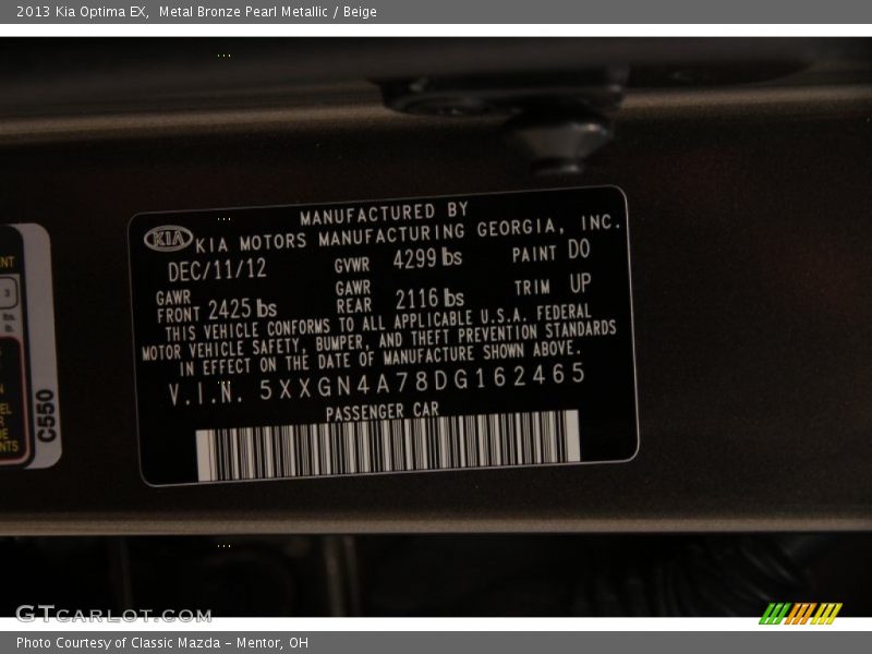 Metal Bronze Pearl Metallic / Beige 2013 Kia Optima EX
