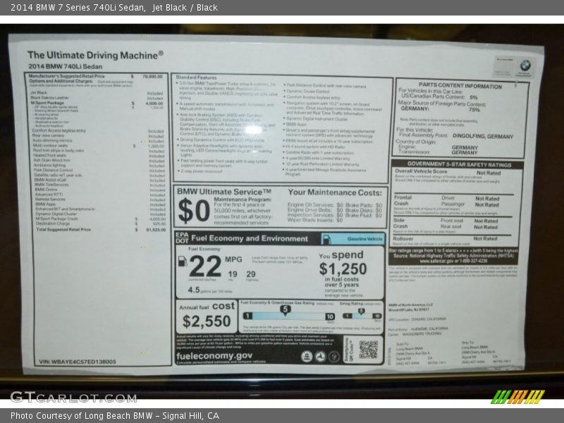  2014 7 Series 740Li Sedan Window Sticker