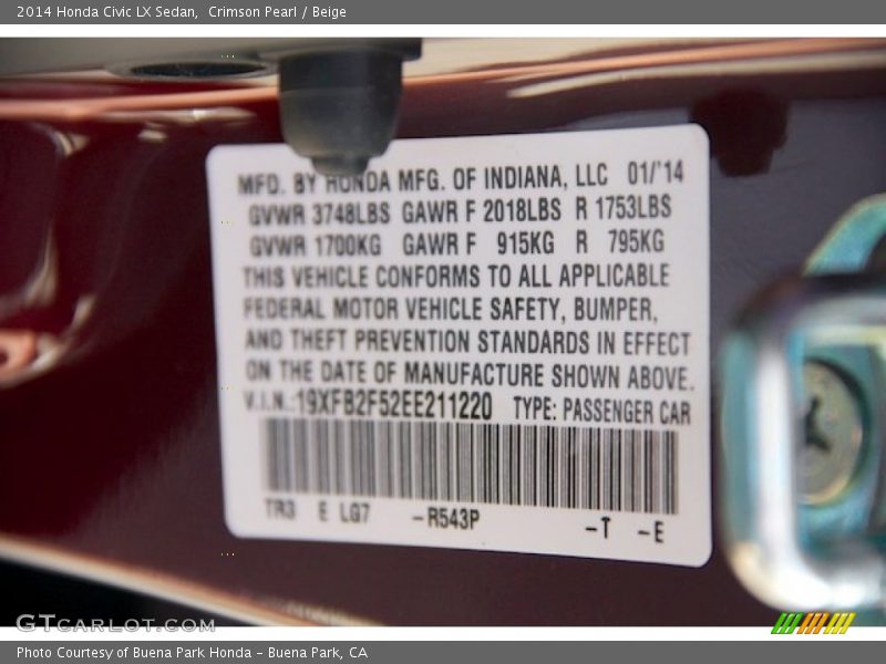 Crimson Pearl / Beige 2014 Honda Civic LX Sedan