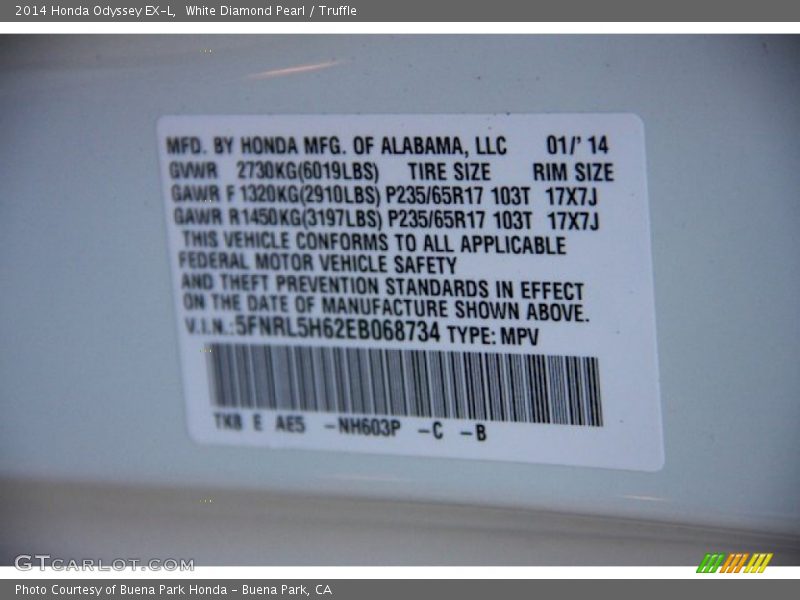 White Diamond Pearl / Truffle 2014 Honda Odyssey EX-L