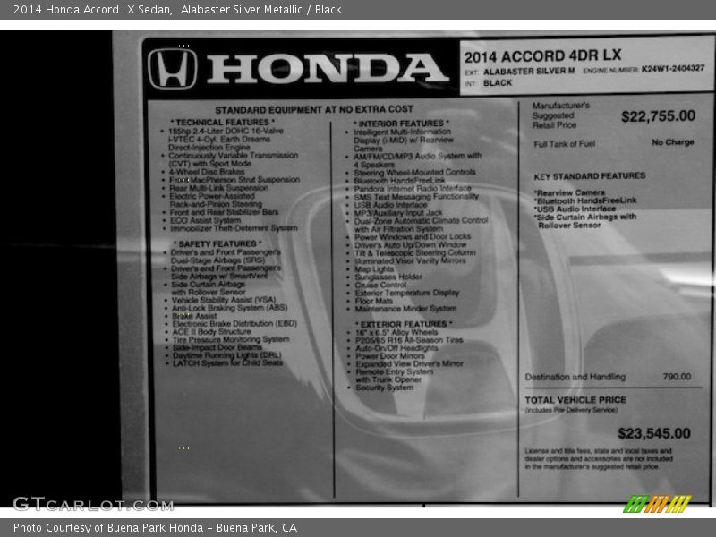 Alabaster Silver Metallic / Black 2014 Honda Accord LX Sedan