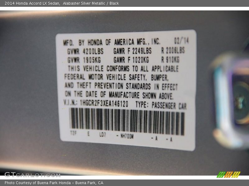 Alabaster Silver Metallic / Black 2014 Honda Accord LX Sedan