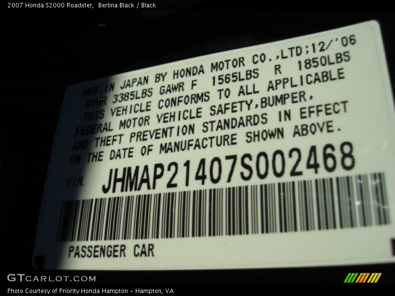 Berlina Black / Black 2007 Honda S2000 Roadster