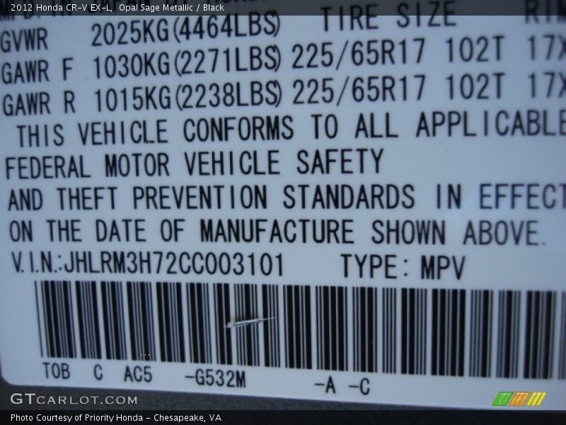 Opal Sage Metallic / Black 2012 Honda CR-V EX-L