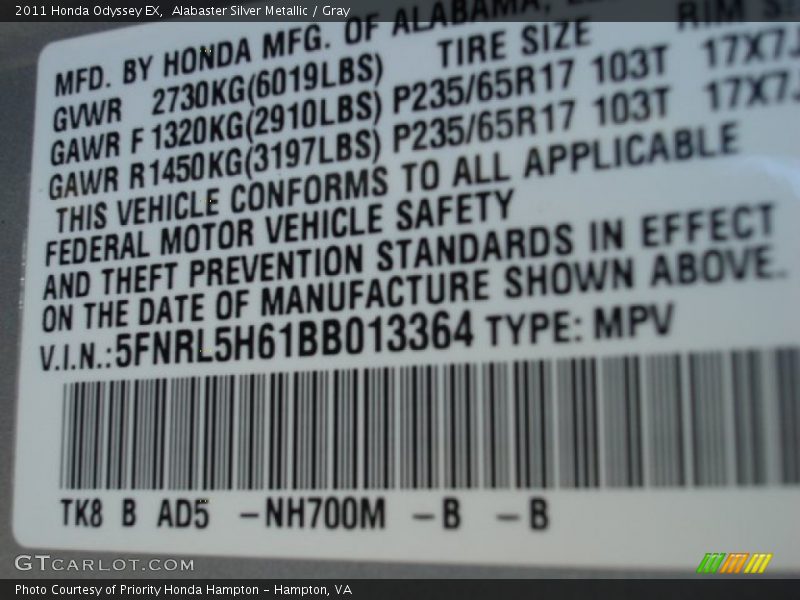 Alabaster Silver Metallic / Gray 2011 Honda Odyssey EX