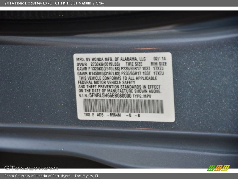 Celestial Blue Metallic / Gray 2014 Honda Odyssey EX-L