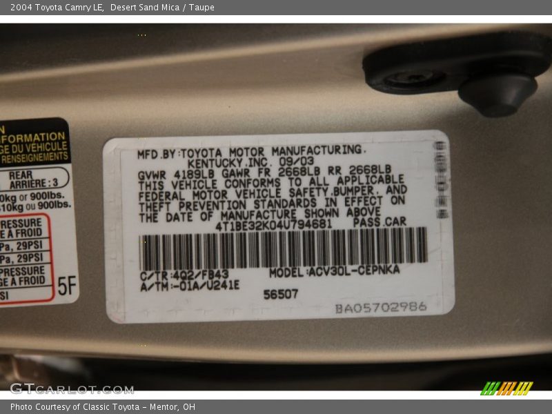Desert Sand Mica / Taupe 2004 Toyota Camry LE