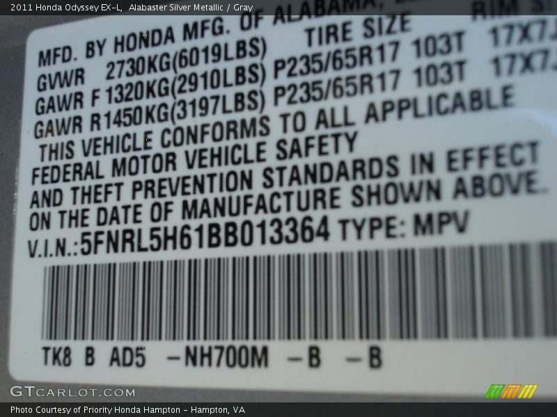 Alabaster Silver Metallic / Gray 2011 Honda Odyssey EX-L