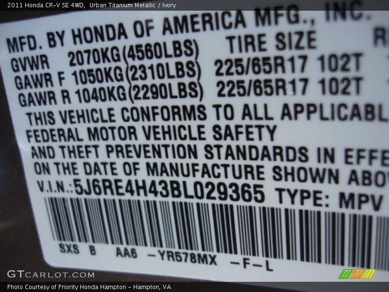 Urban Titanium Metallic / Ivory 2011 Honda CR-V SE 4WD