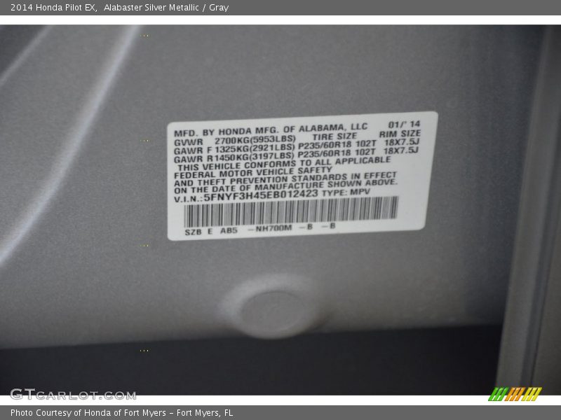 Alabaster Silver Metallic / Gray 2014 Honda Pilot EX