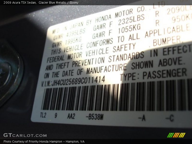 Glacier Blue Metallic / Ebony 2009 Acura TSX Sedan