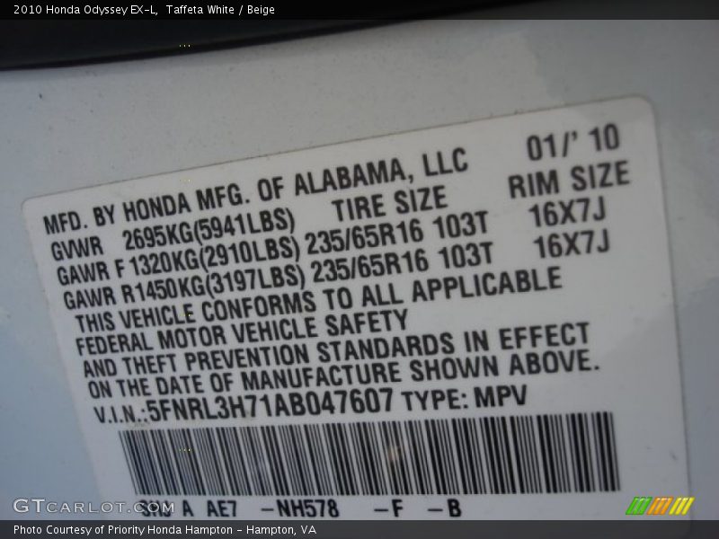 Taffeta White / Beige 2010 Honda Odyssey EX-L