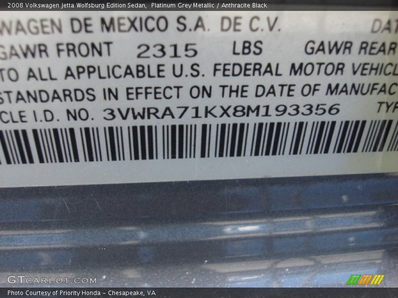 Platinum Grey Metallic / Anthracite Black 2008 Volkswagen Jetta Wolfsburg Edition Sedan