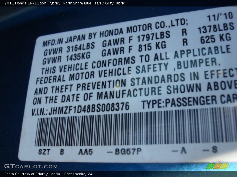 North Shore Blue Pearl / Gray Fabric 2011 Honda CR-Z Sport Hybrid