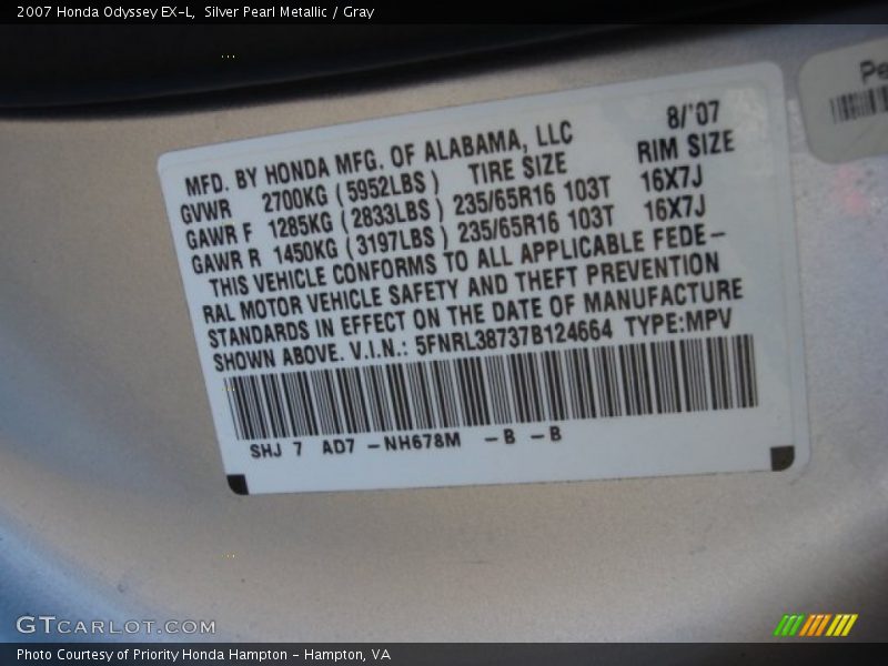 Silver Pearl Metallic / Gray 2007 Honda Odyssey EX-L