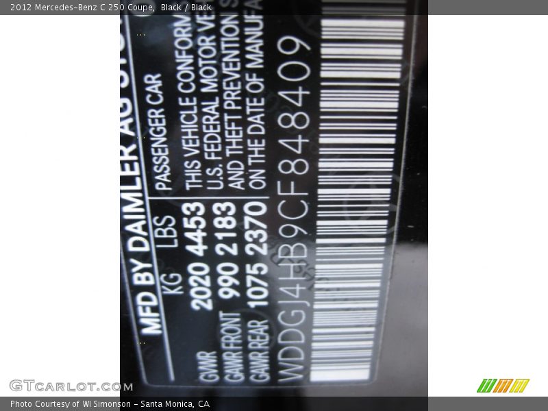Black / Black 2012 Mercedes-Benz C 250 Coupe
