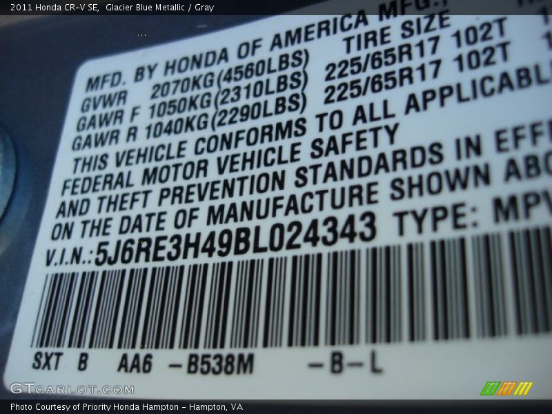 Glacier Blue Metallic / Gray 2011 Honda CR-V SE