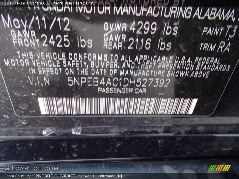 Pacific Blue Pearl / Gray 2013 Hyundai Sonata GLS