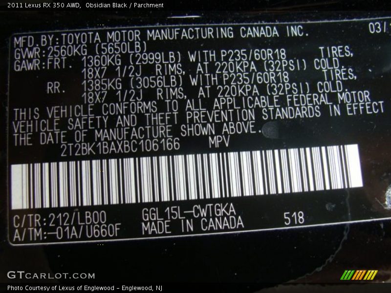 Obsidian Black / Parchment 2011 Lexus RX 350 AWD