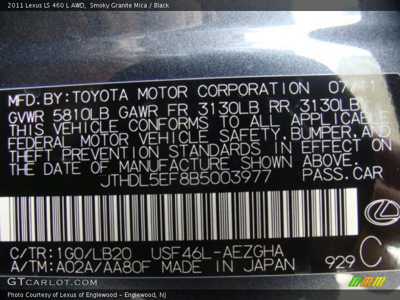 2011 LS 460 L AWD Smoky Granite Mica Color Code 1G0