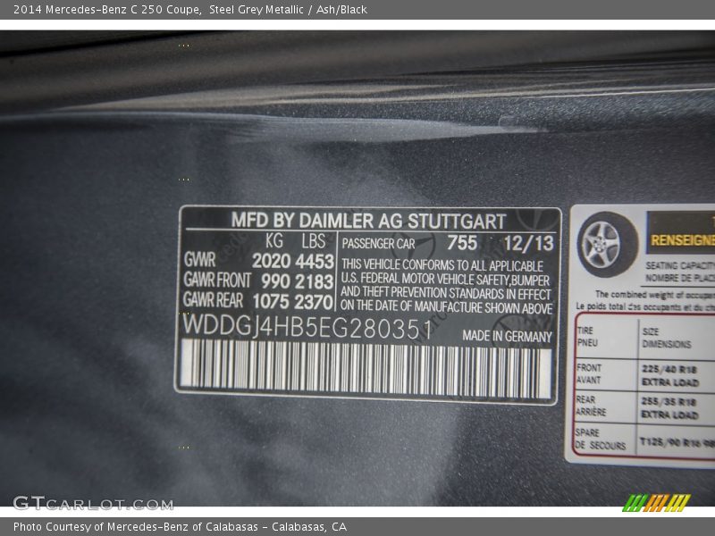 Steel Grey Metallic / Ash/Black 2014 Mercedes-Benz C 250 Coupe