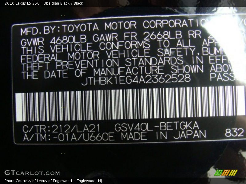 Obsidian Black / Black 2010 Lexus ES 350