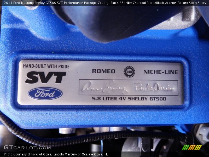 Info Tag of 2014 Mustang Shelby GT500 SVT Performance Package Coupe