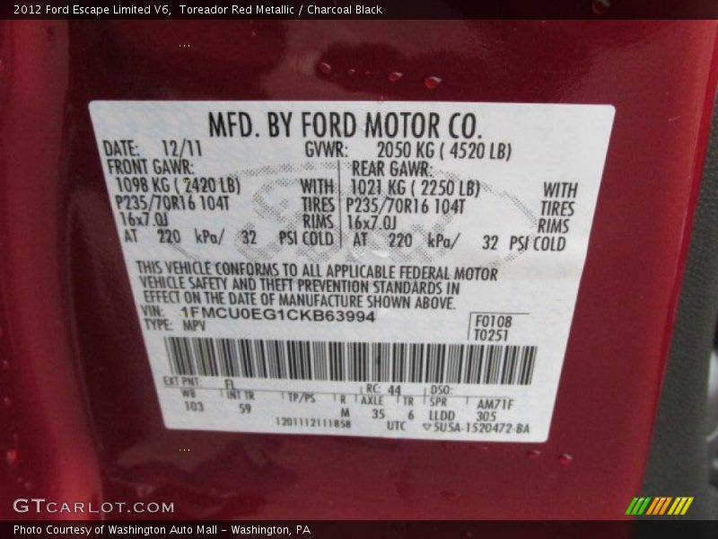 Toreador Red Metallic / Charcoal Black 2012 Ford Escape Limited V6