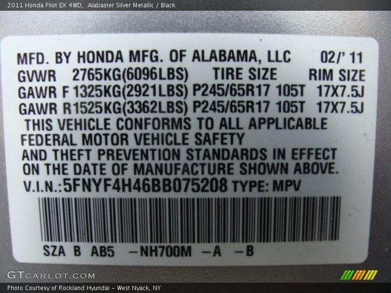 Alabaster Silver Metallic / Black 2011 Honda Pilot EX 4WD