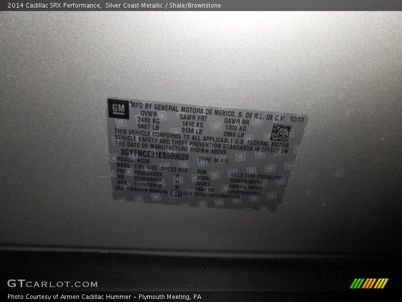 Silver Coast Metallic / Shale/Brownstone 2014 Cadillac SRX Performance