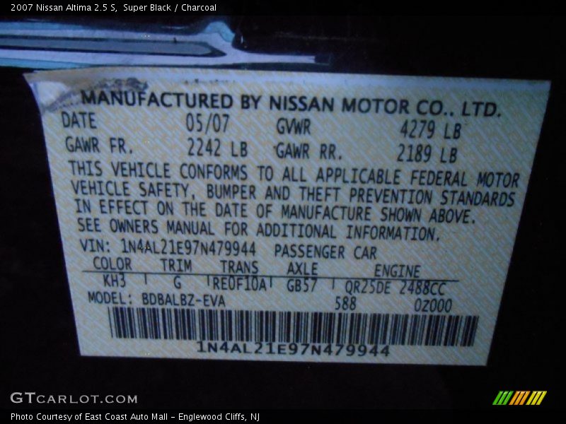 Super Black / Charcoal 2007 Nissan Altima 2.5 S