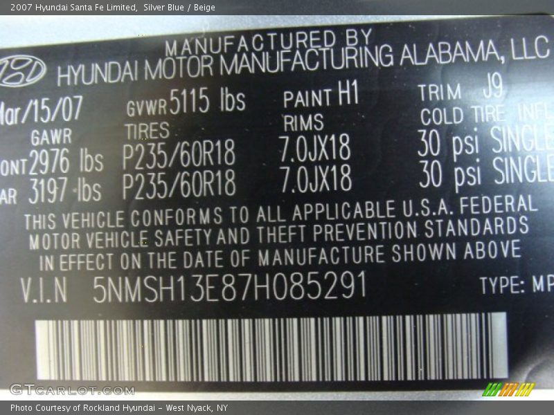 Silver Blue / Beige 2007 Hyundai Santa Fe Limited