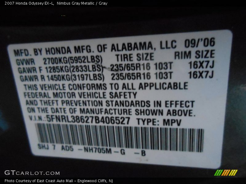 Nimbus Gray Metallic / Gray 2007 Honda Odyssey EX-L