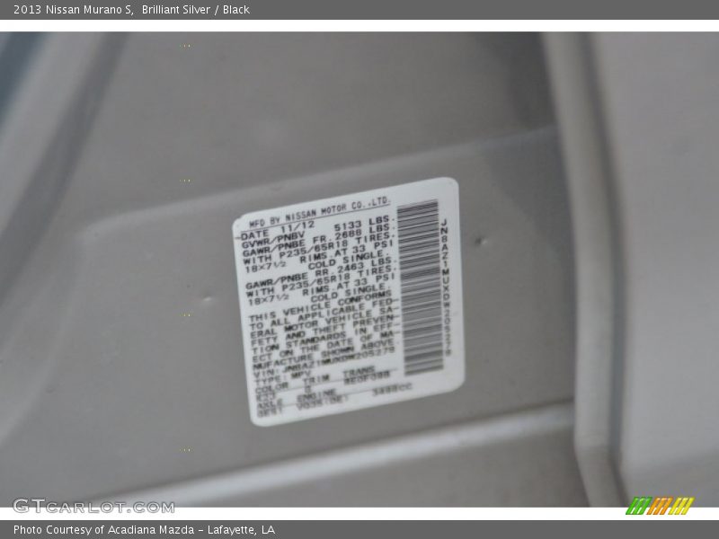 Brilliant Silver / Black 2013 Nissan Murano S