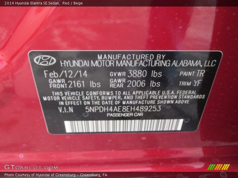 Red / Beige 2014 Hyundai Elantra SE Sedan