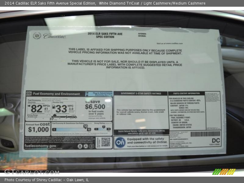  2014 ELR Saks Fifth Avenue Special Edition Window Sticker