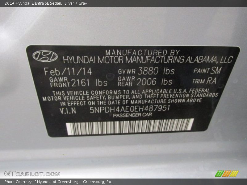Silver / Gray 2014 Hyundai Elantra SE Sedan