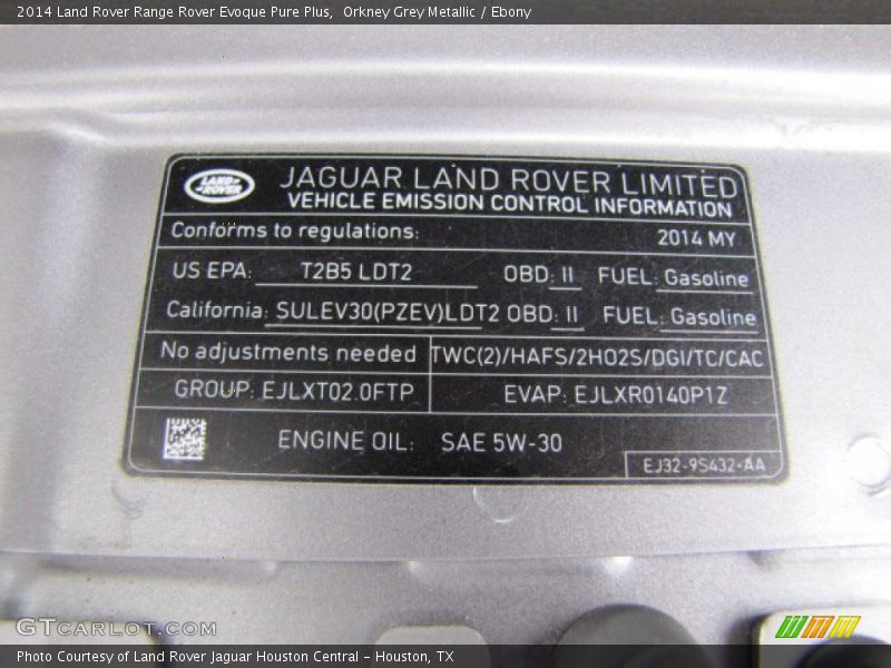 Info Tag of 2014 Range Rover Evoque Pure Plus