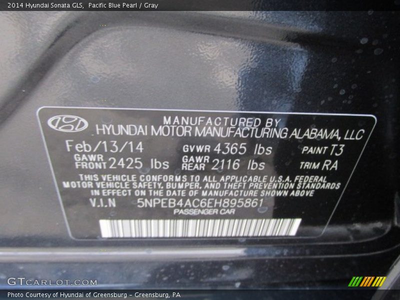 Pacific Blue Pearl / Gray 2014 Hyundai Sonata GLS